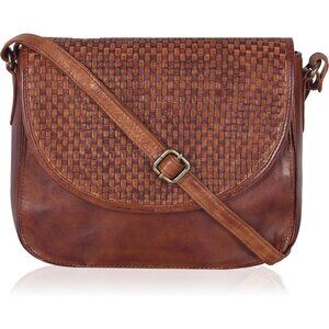 Genuine Leather Tan Weaving Crossbody Purse Women Adjustable Strap Zipper Pocket